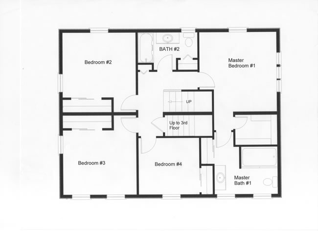 This well designed modular floor plan provides 4 bedrooms on the second floor. 	Notice the utilization of maximum living space with fewer hallways in this modular home plan with walk-up attic stairs.